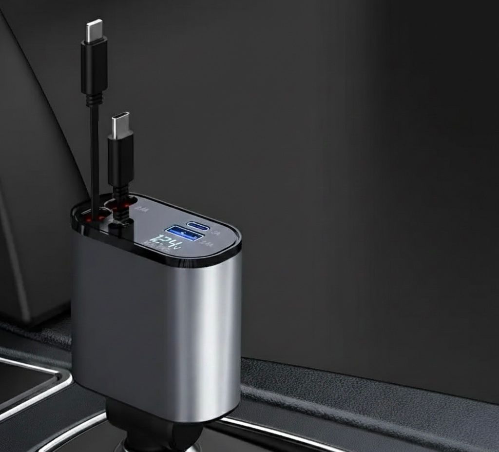 Cargador de Coche Retráctil 4 en 1 con Carga Rápida (USB-C + iPhone)